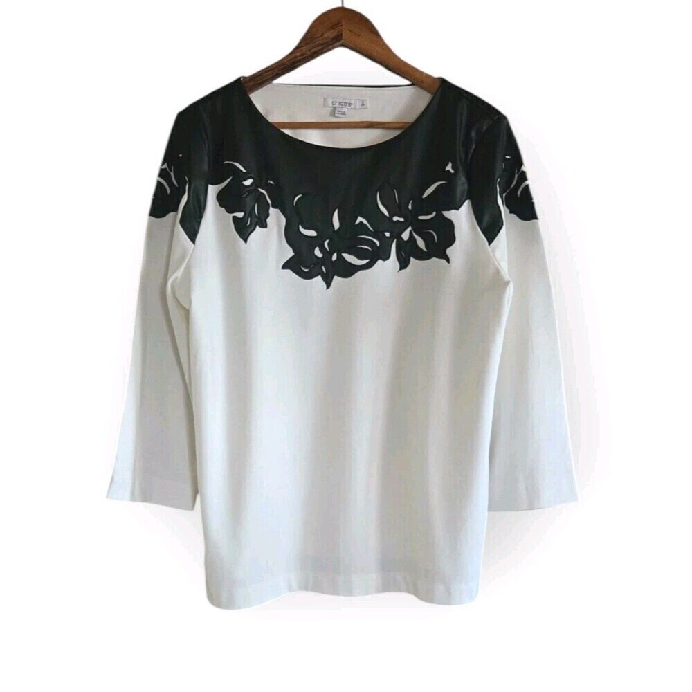 Chico’s Faux Leather Trim Ponte Top Women's 2 Large White 3/4 Sleeve